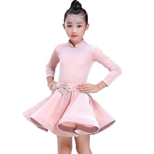 Girls latin dresses green purple red pink competition stage performance ballroom dress  salsa rumba chacha dancing long sleeves costumes